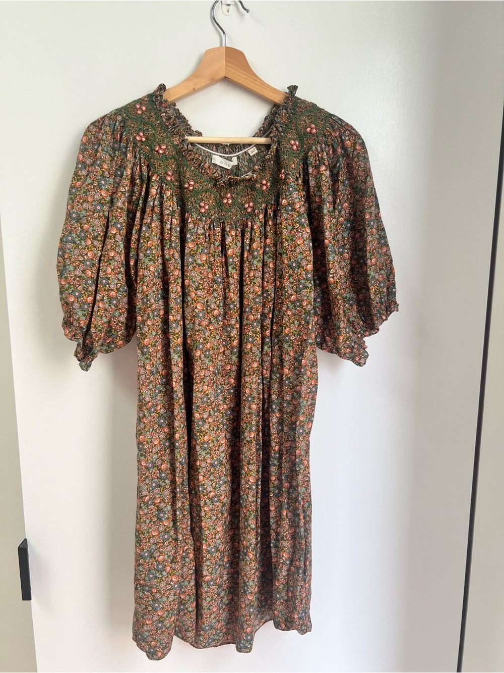 Doen Olive Green Floral Smocked Yoke Midi Dress